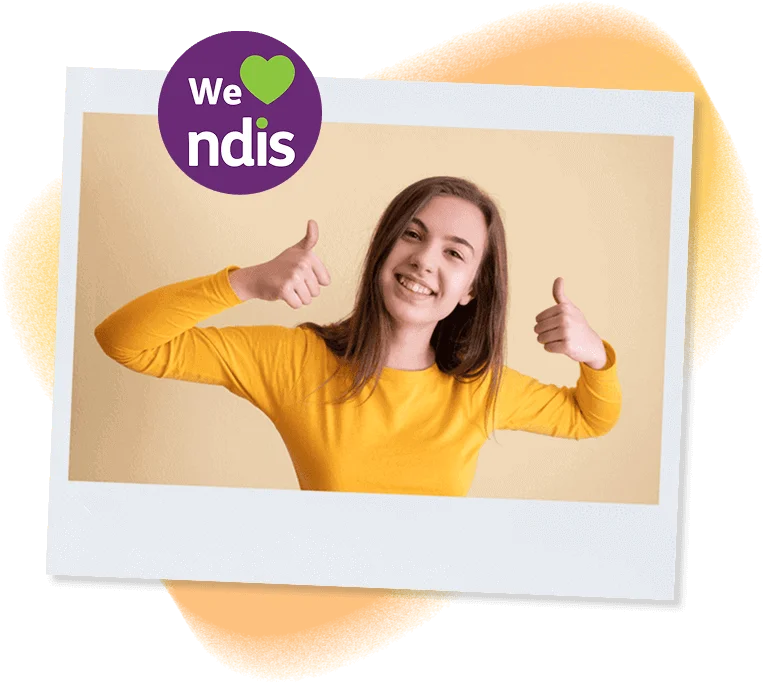Smiling woman giving thumbs up with NDIS logo